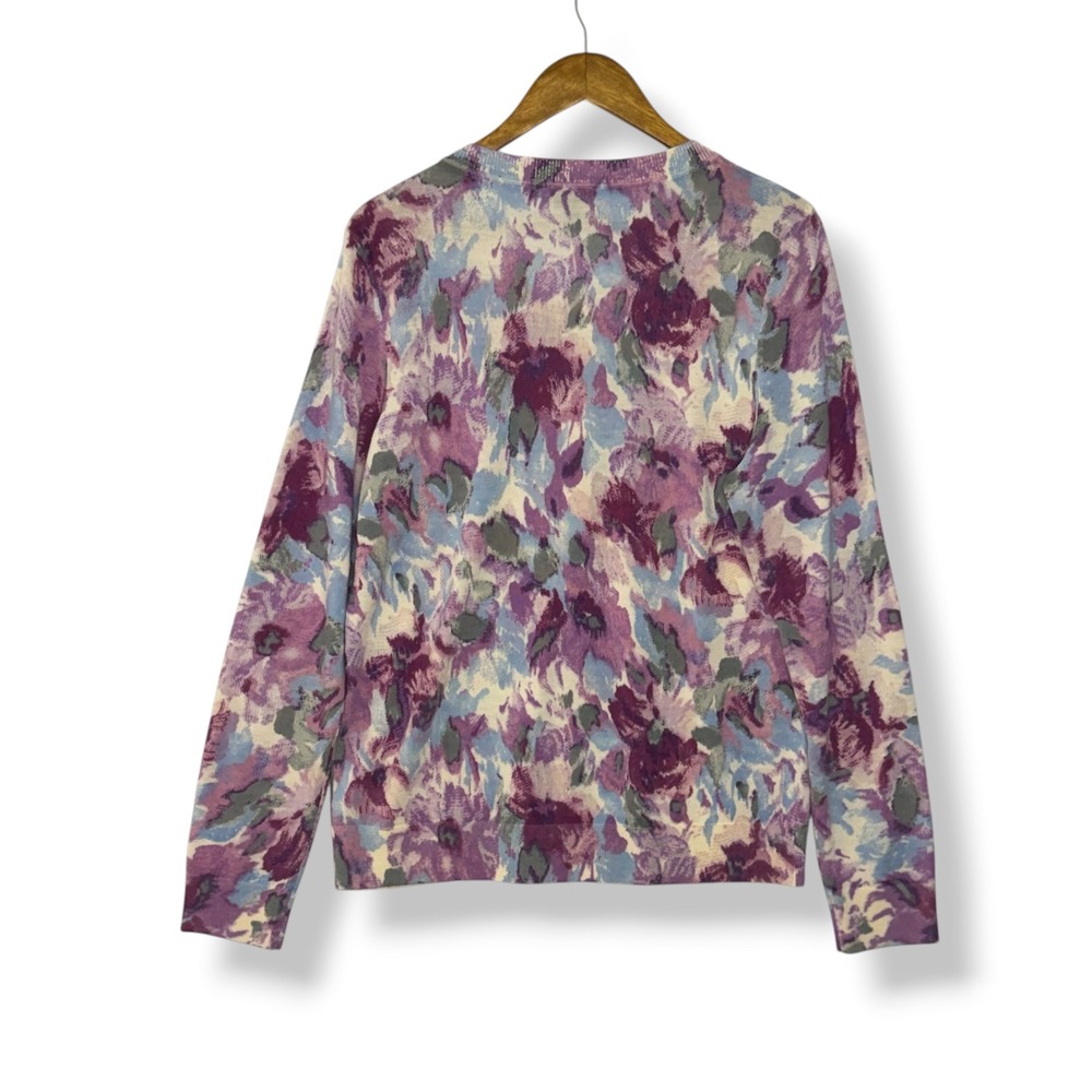 Talbots Cardigan Sweater XL Purple 100% Merino Wool Floral Button Up Lightweight - Picture 2 of 11